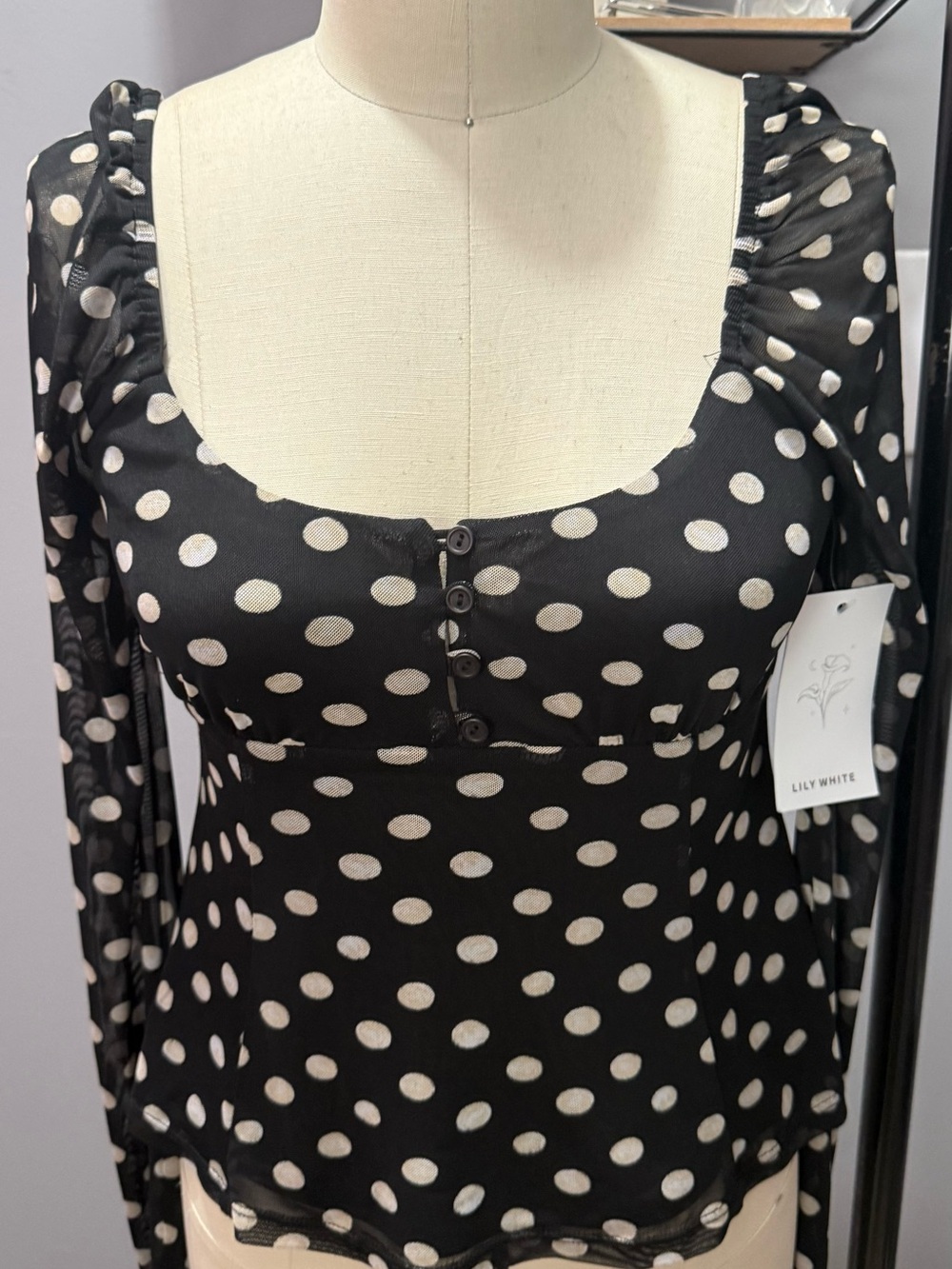 Lily White Black Mesh Polka Dot Long Sleeve Top - Picture 3 of 7